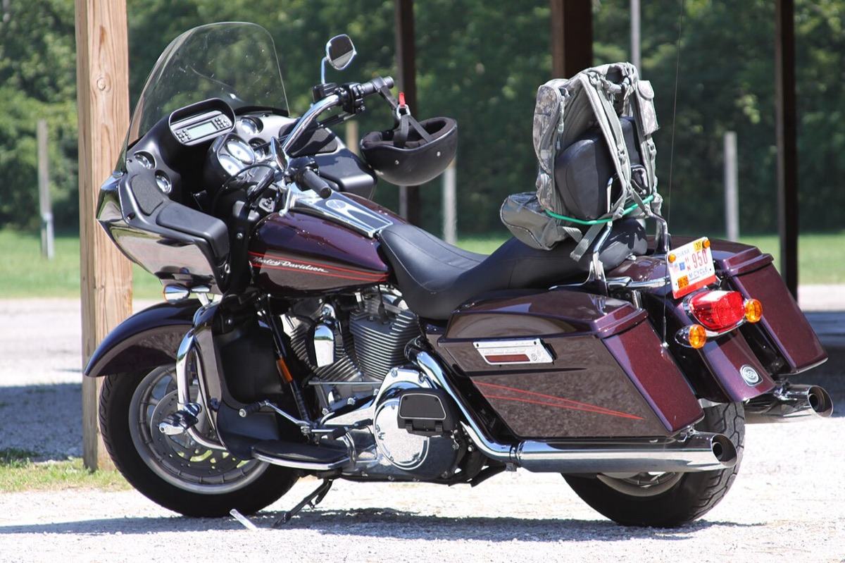A Harley-Davidson Road Glide touring motorcycle with saddlebags, parked
